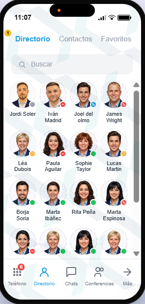 App móvil Conexia — vista directorio